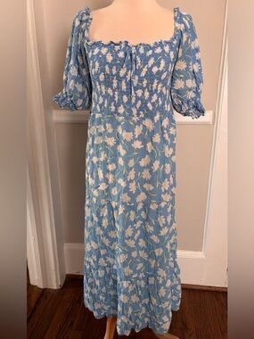 Faithfull the Brand blue floral dress with smocked bodice